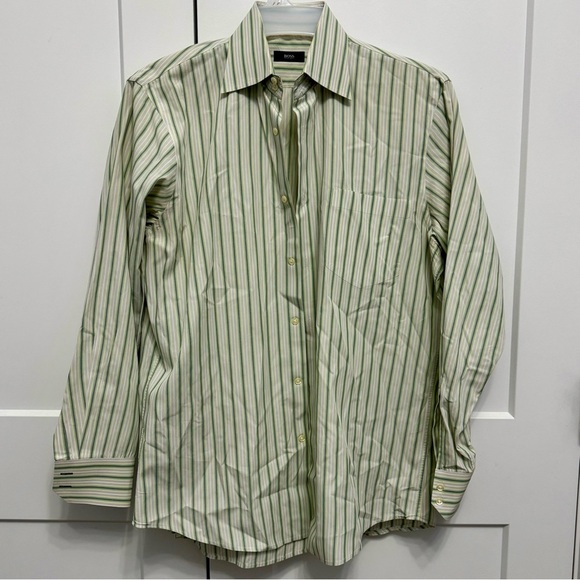 Boss Button Down Dress Shirt - Green Striped - Size Men's 16 - Picture 1 of 8